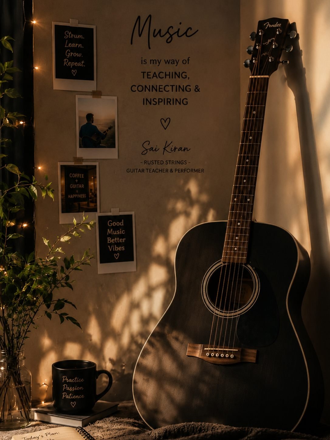 Sai Kiran's guitar with a photo wall and Rustedstrings quote