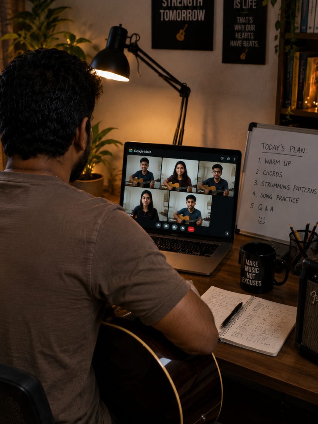 Sai Kiran teaching an online guitar class over video call