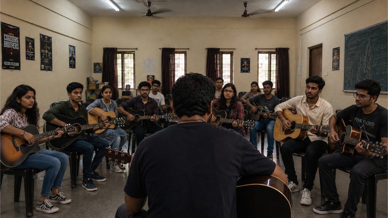 Sai Kiran leading a group guitar class in a circle of students